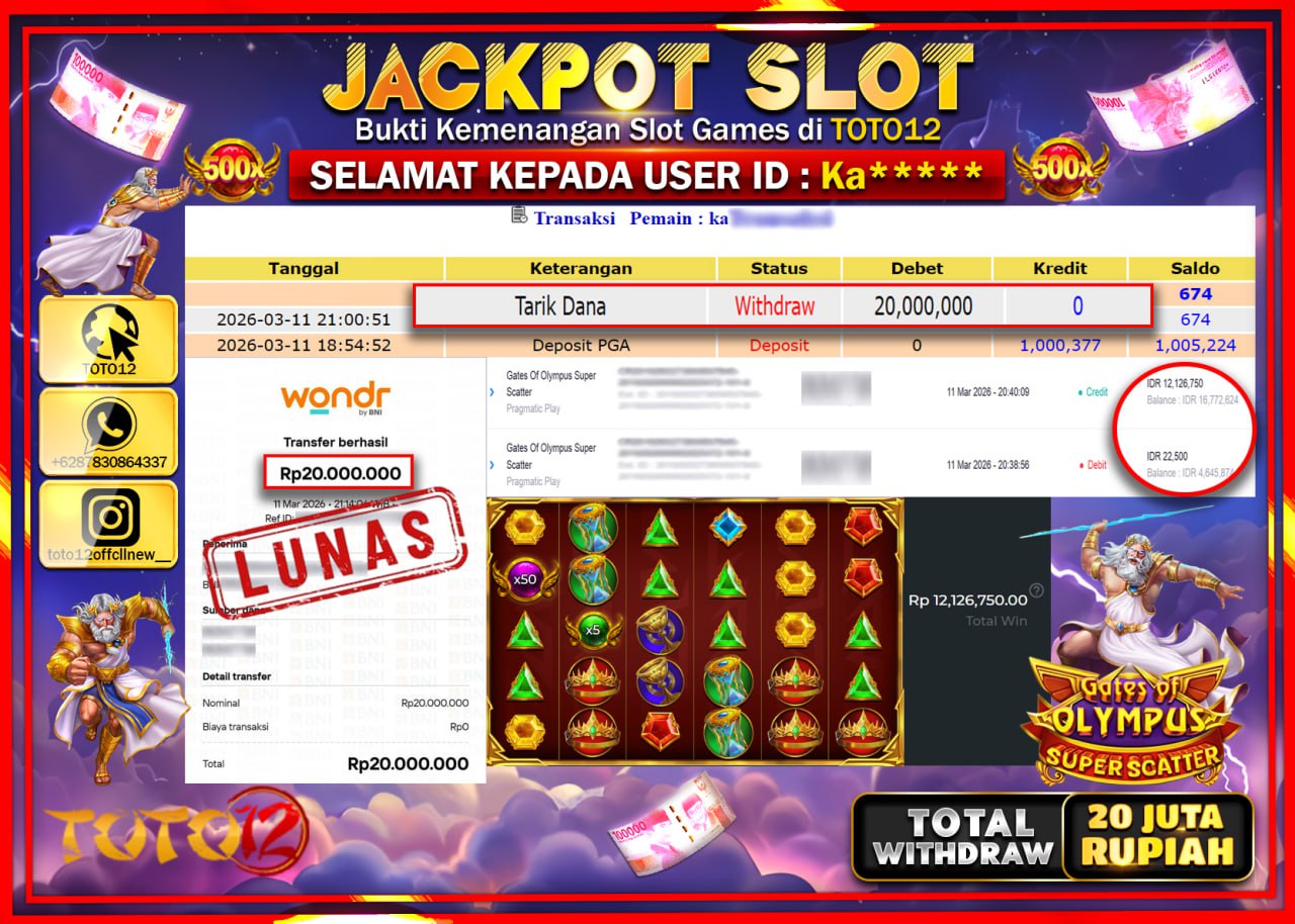 HANYA DI TOTO12 JP PASTI DI BAYAR LUNAS DAN CEPAT!!!!!! JACKPOT SLOT GAME (GATES OF OLYMPUS SUPER SCATTER) Rp.20.000.000!!!!