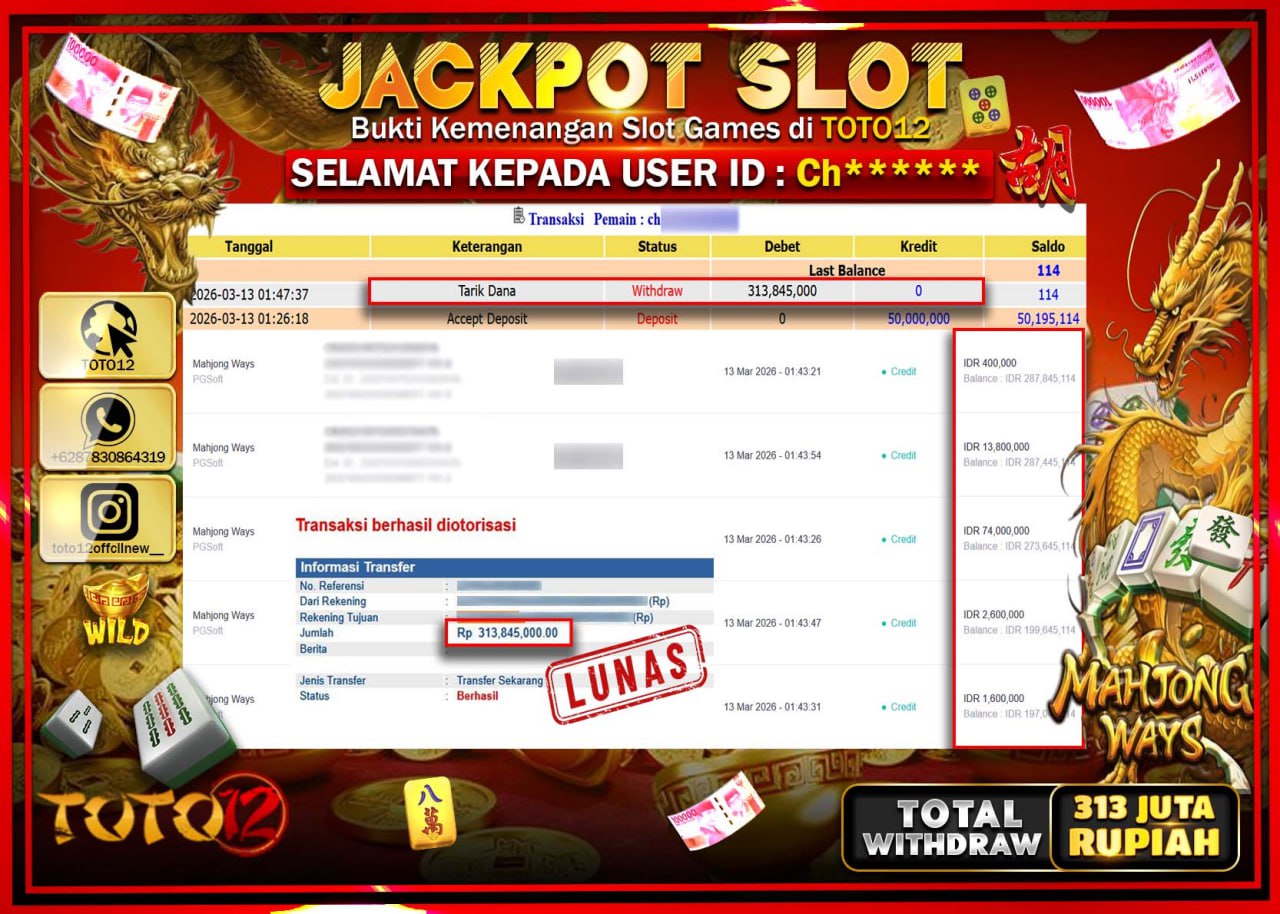 HANYA DI TOTO12 JP PASTI DI BAYAR LUNAS DAN CEPAT!!!!!! JACKPOT SLOT GAME (MAHJONG WAYS) Rp.313.845.000!!!!