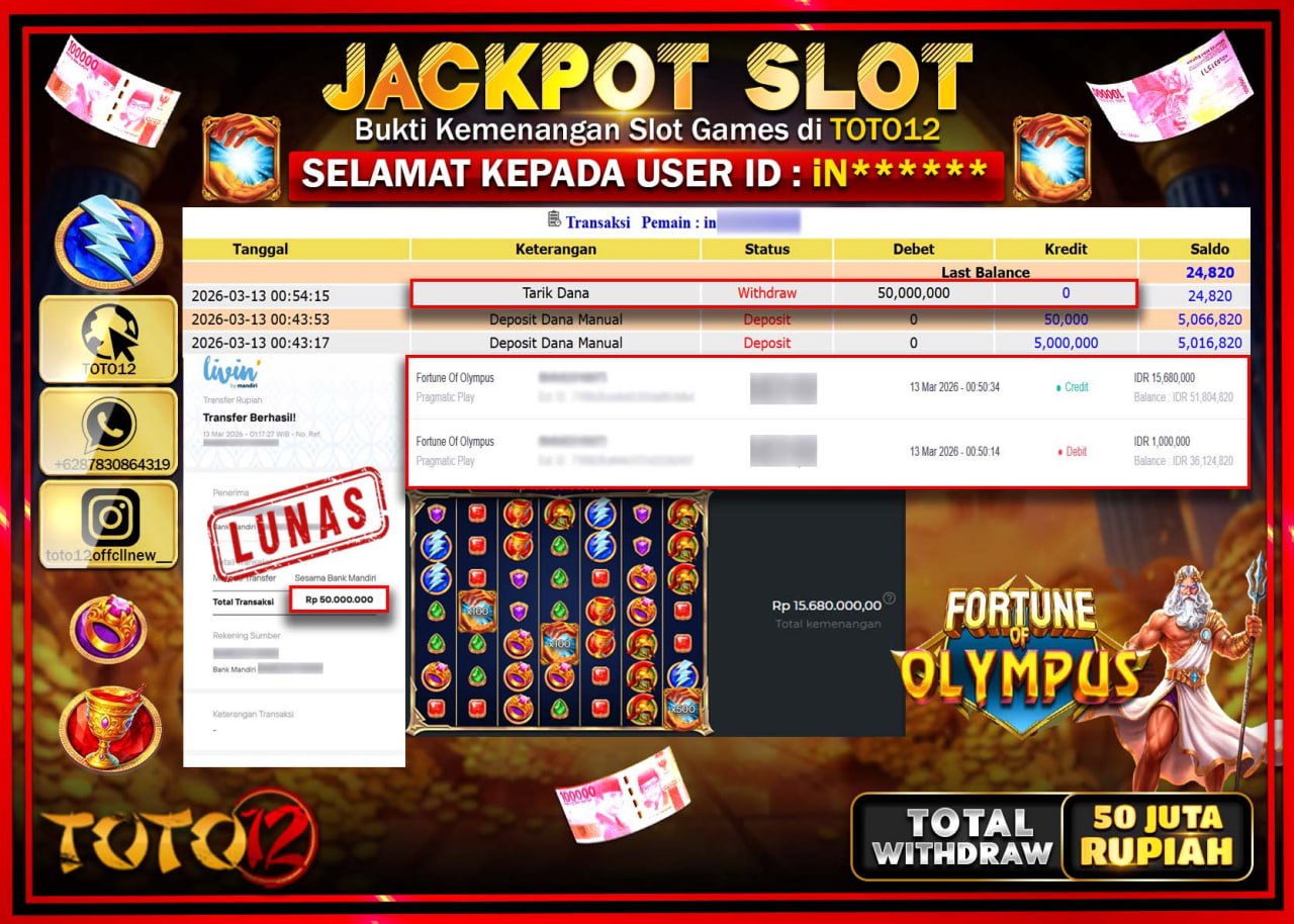 HANYA DI TOTO12 JP PASTI DI BAYAR LUNAS DAN CEPAT!!!!!! JACKPOT SLOT GAME (FORTUNE OF OLYMPUS) Rp.50.000.000!!!!