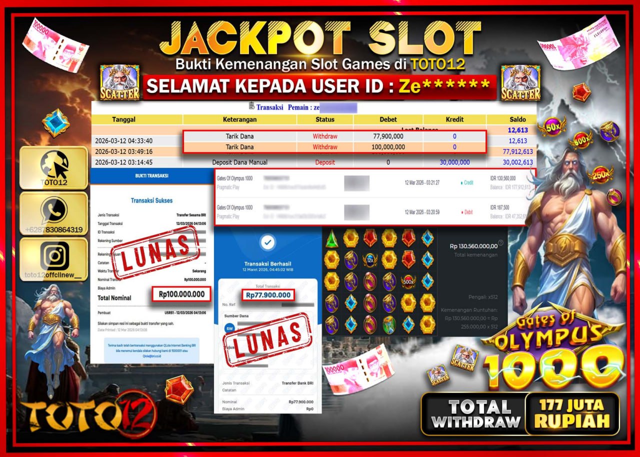 HANYA DI TOTO12 JP PASTI DI BAYAR LUNAS DAN CEPAT!!!!!! JACKPOT SLOT GAME (GATES OF OLYMPUS 1000) Rp.177.900.000!!!!