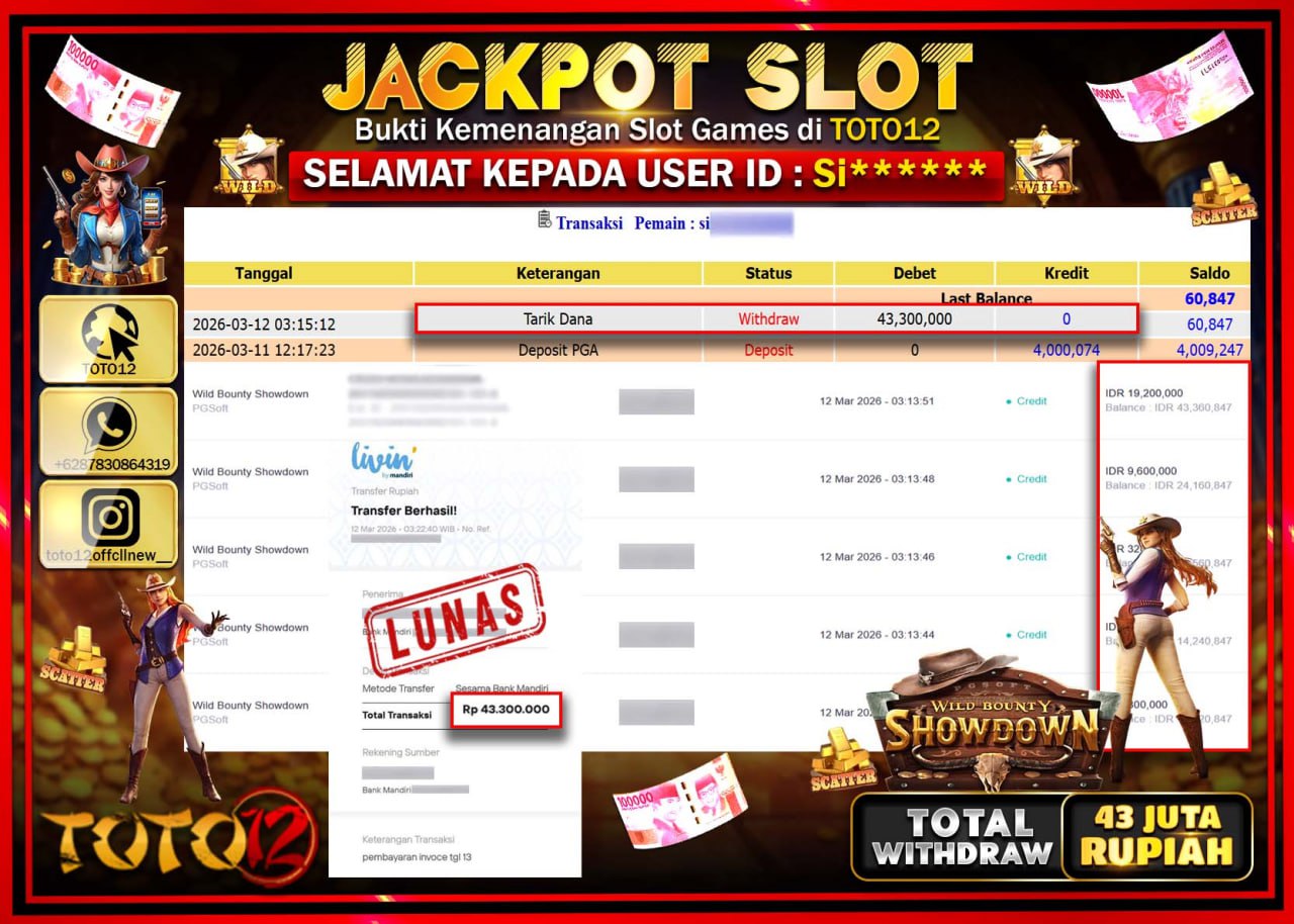 HANYA DI TOTO12 JP PASTI DI BAYAR LUNAS DAN CEPAT!!!!!! JACKPOT SLOT GAME (WILD BOUNTY SHOWDOWN) Rp.43.300.000!!!!