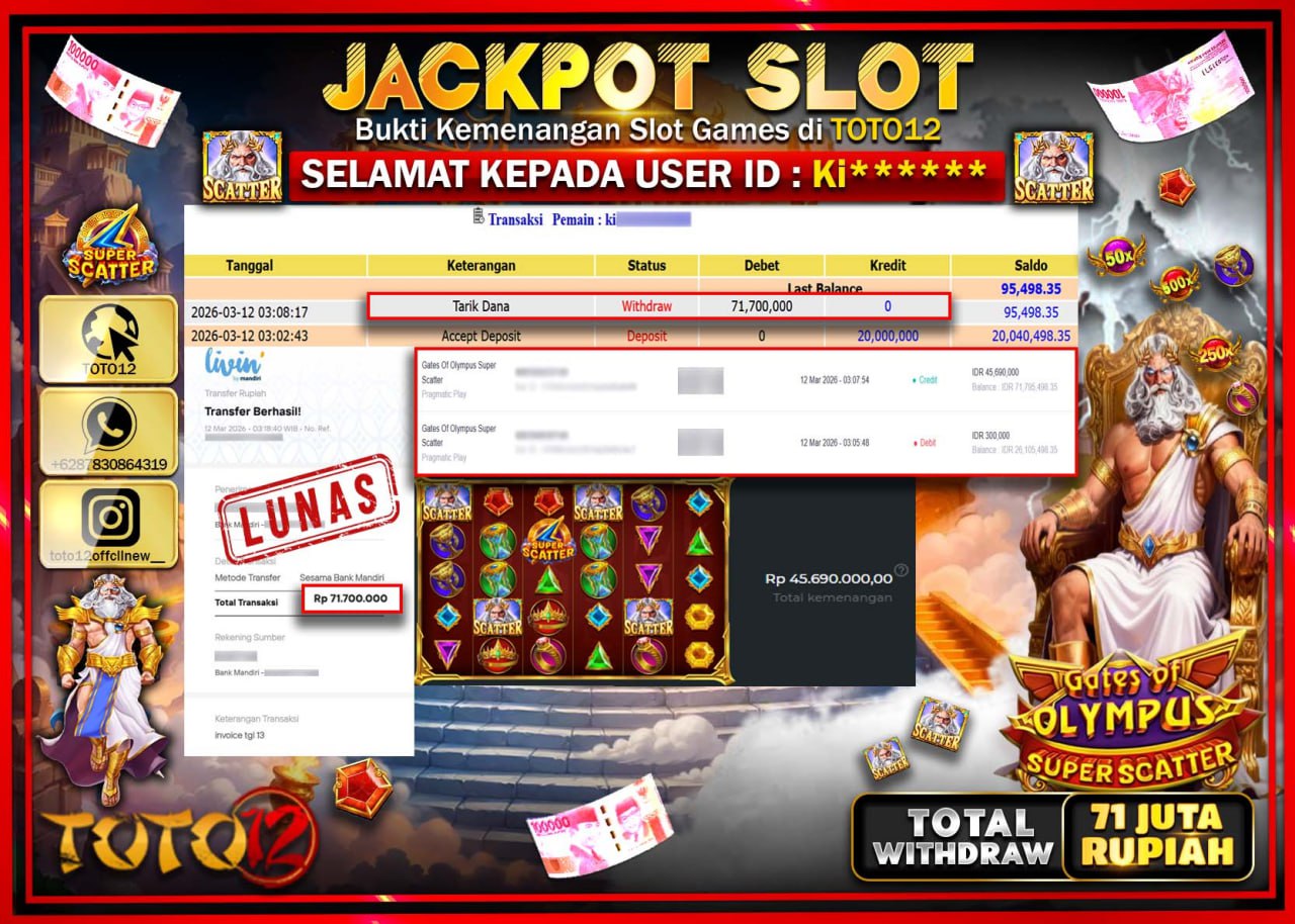 HANYA DI TOTO12 JP PASTI DI BAYAR LUNAS DAN CEPAT!!!!!! JACKPOT SLOT GAME (GATES OF OLYMPUS SUPER SCATTER) Rp.71.700.000!!!!
