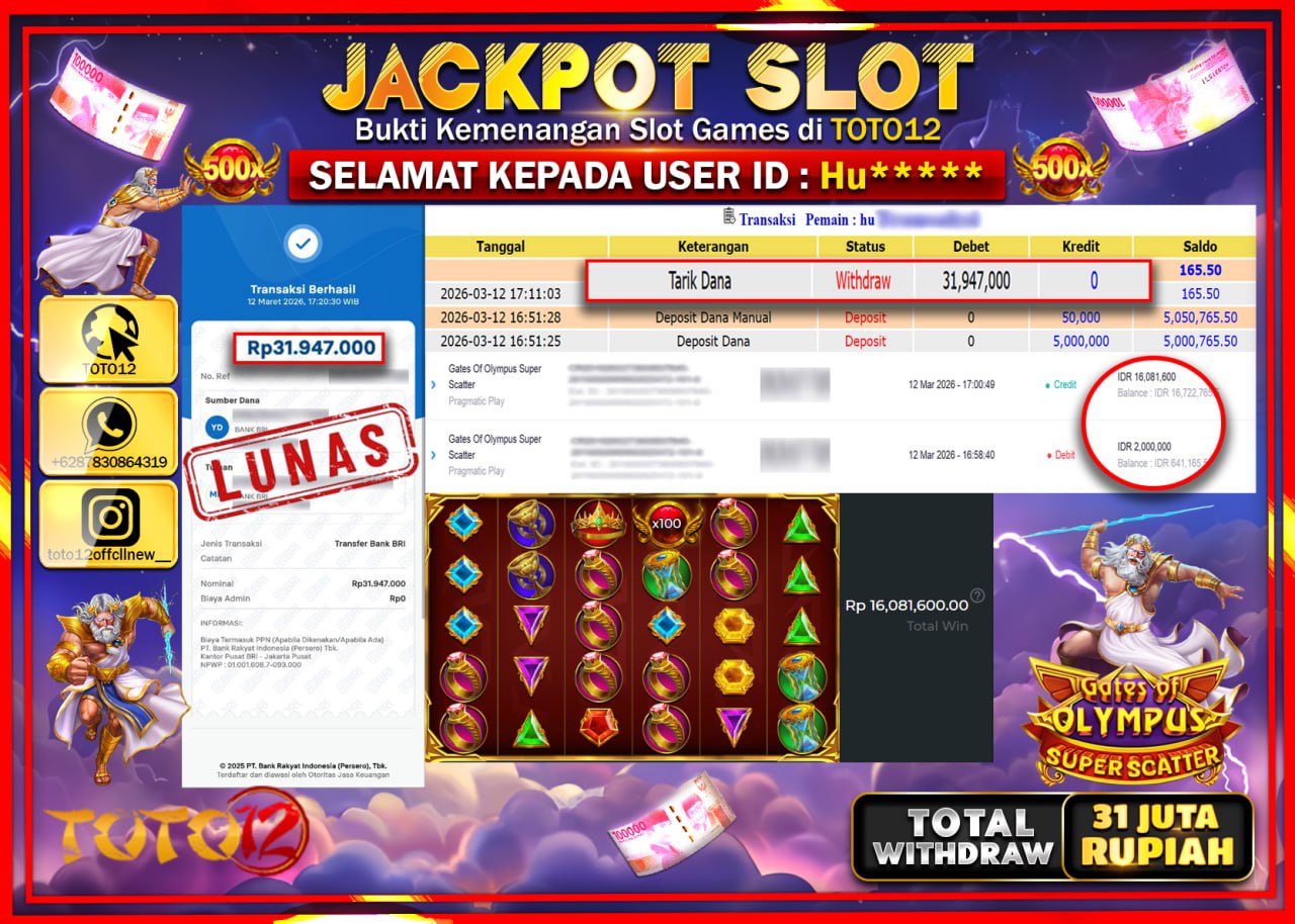 HANYA DI TOTO12 JP PASTI DI BAYAR LUNAS DAN CEPAT!!!!!! JACKPOT SLOT GAME (GATES OF OLYMPUS SUPER SCATTER) Rp.31.947.000!!!!