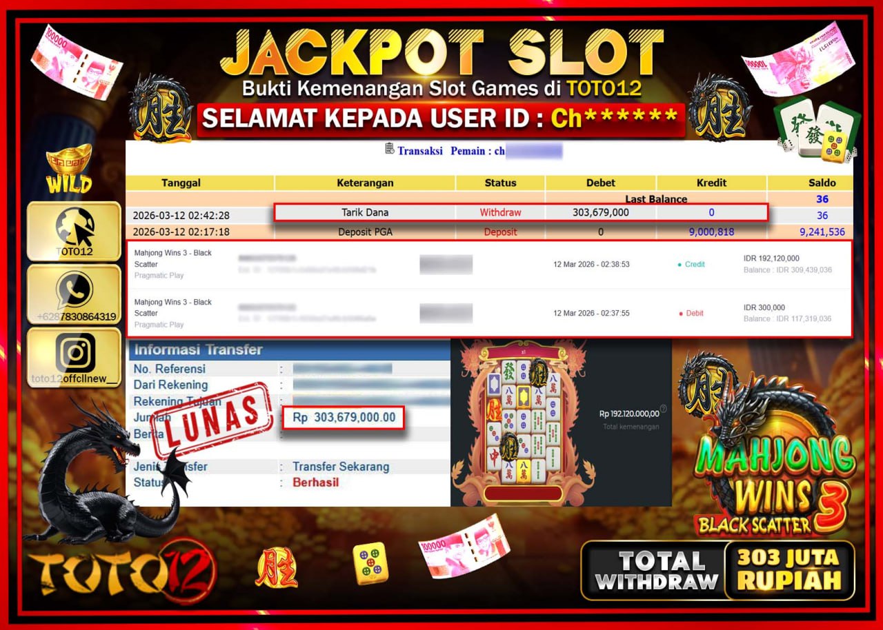 HANYA DI TOTO12 JP PASTI DI BAYAR LUNAS DAN CEPAT!!!!!! JACKPOT SLOT GAME (MAHJONG WINS 3 BLACK SCATTER 3) Rp.303.679.000!!!!