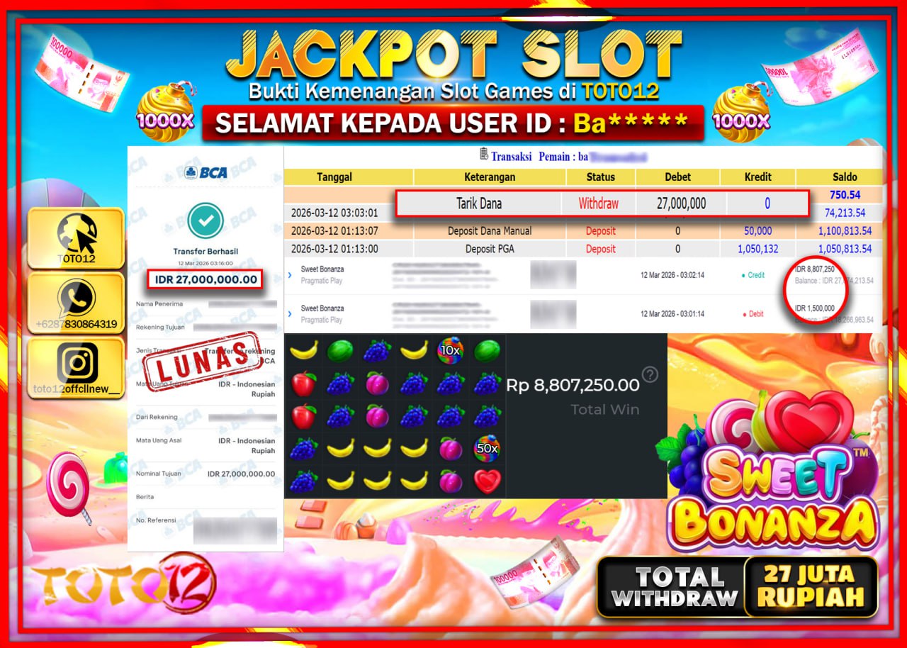 HANYA DI TOTO12 JP PASTI DI BAYAR LUNAS DAN CEPAT!!!!!! JACKPOT SLOT GAME (SWEET BONANZA) Rp.27.000.000!!!!