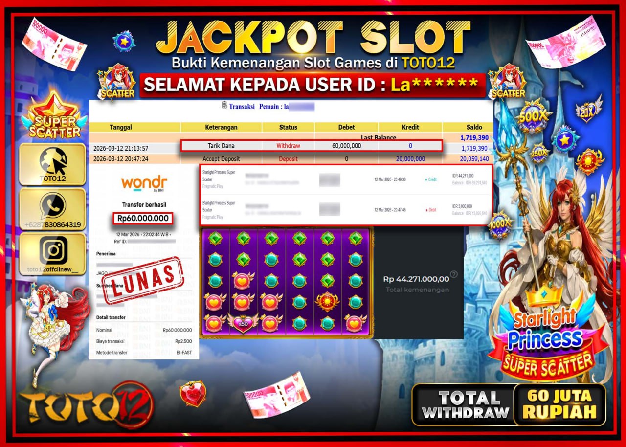 HANYA DI TOTO12 JP PASTI DI BAYAR LUNAS DAN CEPAT!!!!!! JACKPOT SLOT GAME (STARLIGHT PRINCESS  SUPER SCATTER) Rp.60.000.000!!!!