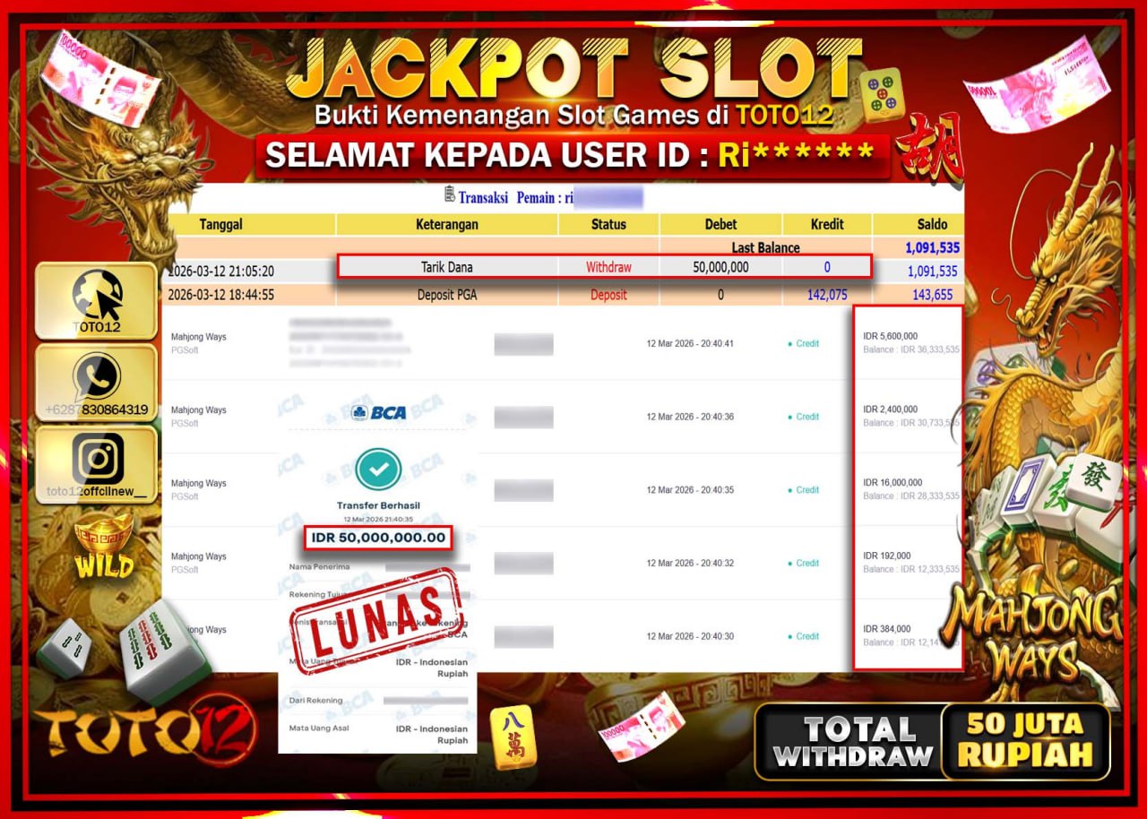 HANYA DI TOTO12 JP PASTI DI BAYAR LUNAS DAN CEPAT!!!!!! JACKPOT SLOT GAME (MAHJONG WAYS) Rp.50.000.000!!!!