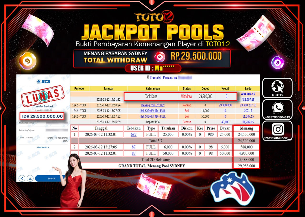 HANYA DI TOTO12 JP PASTI DI BAYAR LUNAS DAN CEPAT!!!!!! JACKPOT POOLS PASARAN (SYDNEY) Rp.29.500.000!!!!