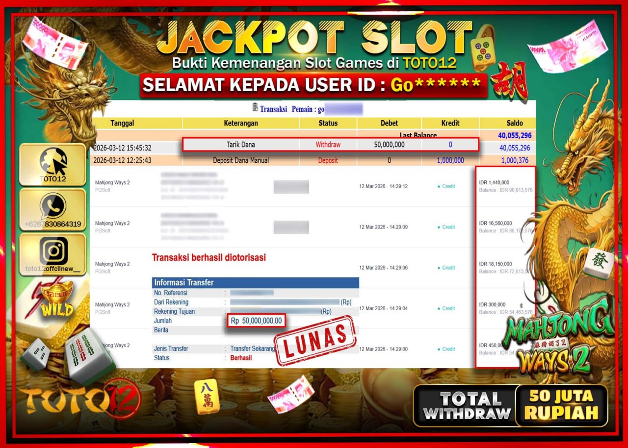 HANYA DI TOTO12 JP PASTI DI BAYAR LUNAS DAN CEPAT!!!!!! JACKPOT SLOT GAME (MAHJONG WAYS 2) Rp.50.000.000!!!!