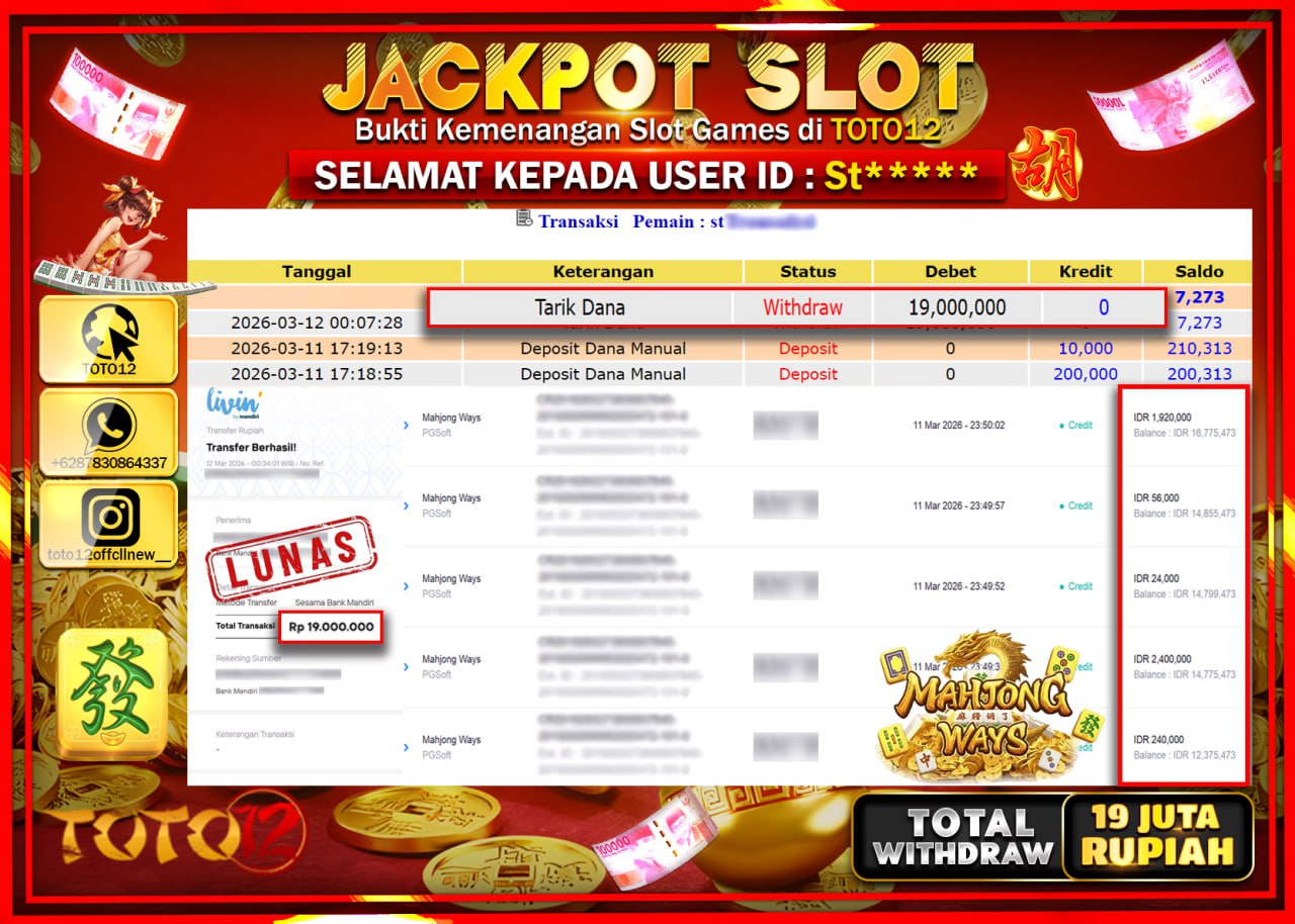 HANYA DI TOTO12 JP PASTI DI BAYAR LUNAS DAN CEPAT!!!!!! JACKPOT SLOT GAME (MAHJONG WAYS) Rp.19.000.000!!!!
