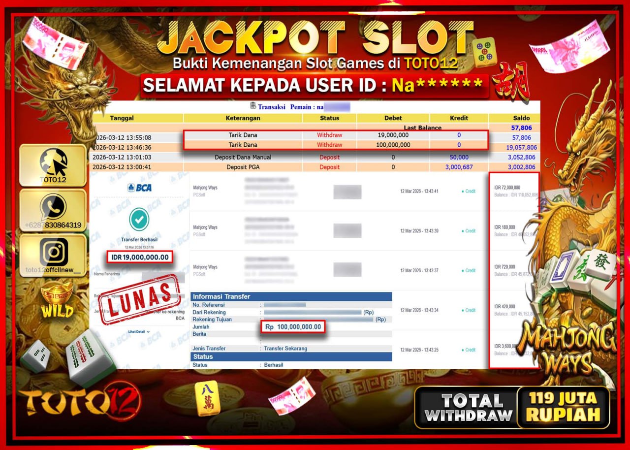 HANYA DI TOTO12 JP PASTI DI BAYAR LUNAS DAN CEPAT!!!!!! JACKPOT SLOT GAME (MAHJONG WAYS) Rp.119.000.000!!!!
