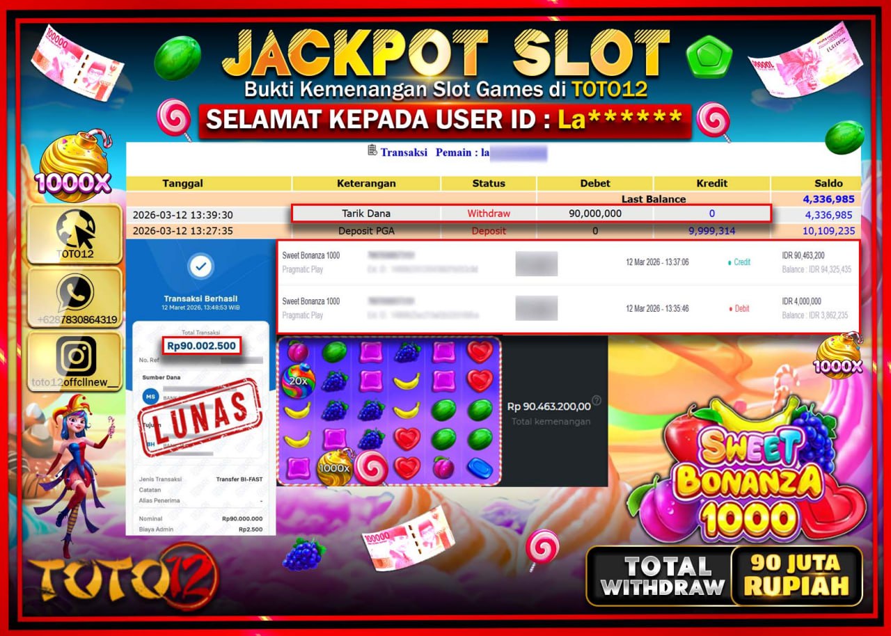 HANYA DI TOTO12 JP PASTI DI BAYAR LUNAS DAN CEPAT!!!!!! JACKPOT SLOT GAME (SWEET BONANZA 1000) Rp.90.000.000!!!!