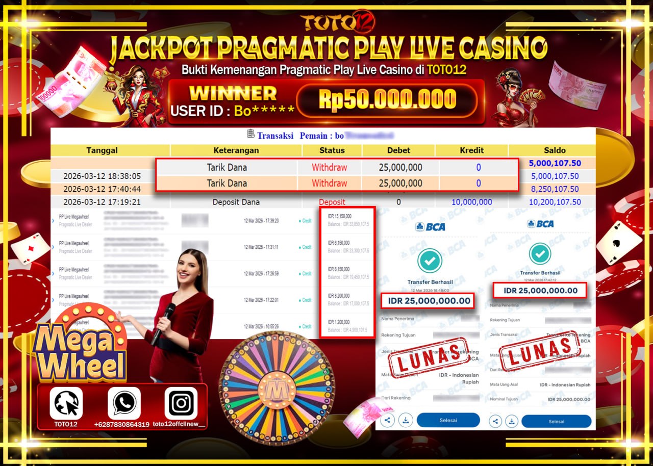 HANYA DI TOTO12 JP PASTI DI BAYAR LUNAS DAN CEPAT!!!!!! JACKPOT PRAGMATIC PLAY LIVE GAME CASINO (PP LIVE MEGAWHEEL) Rp.50.000.000!!!!