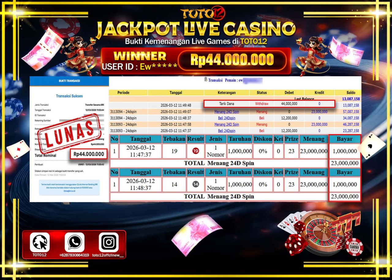 HANYA DI TOTO12 JP PASTI DI BAYAR LUNAS DAN CEPAT!!!!!! JACKPOT LIVE GAMES CASINO (24D) Rp.44.000.000!!!!