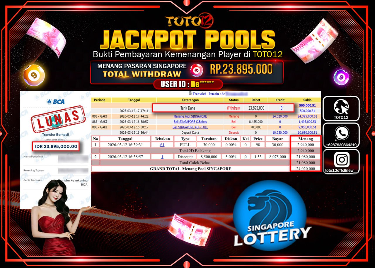 HANYA DI TOTO12 JP PASTI DI BAYAR LUNAS DAN CEPAT!!!!!! JACKPOT POOLS PASARAN (SINGAPORE) Rp.23.895.000!!!!