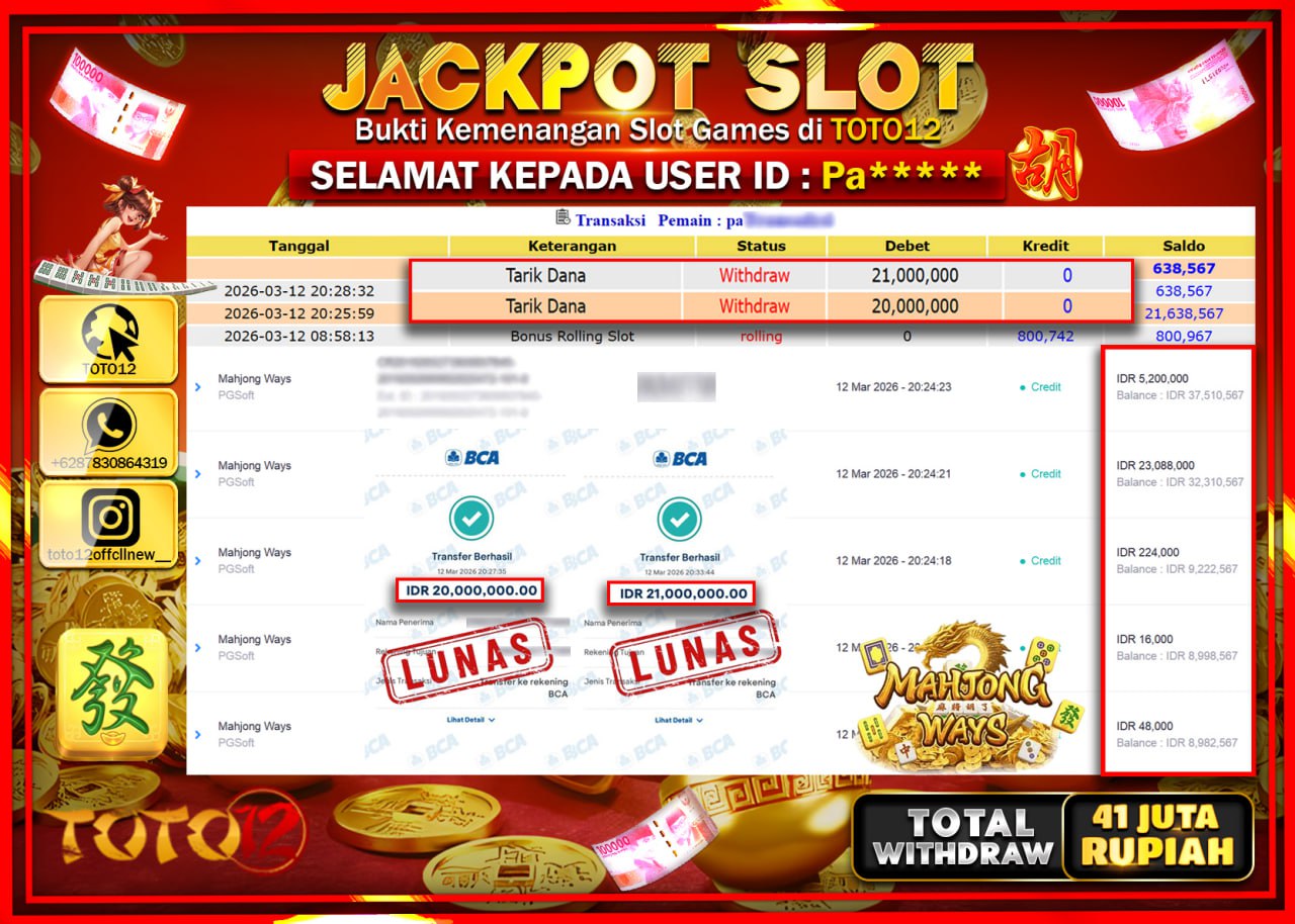 HANYA DI TOTO12 JP PASTI DI BAYAR LUNAS DAN CEPAT!!!!!! JACKPOT SLOT GAME (MAHJONG WAYS) Rp.41.000.000!!!!