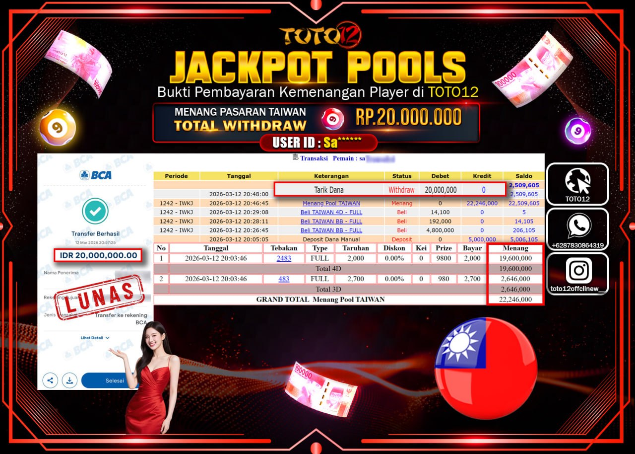 HANYA DI TOTO12 JP PASTI DI BAYAR LUNAS DAN CEPAT!!!!!! JACKPOT POOLS PASARAN (TAIWAN) Rp.20.000.000!!!!
