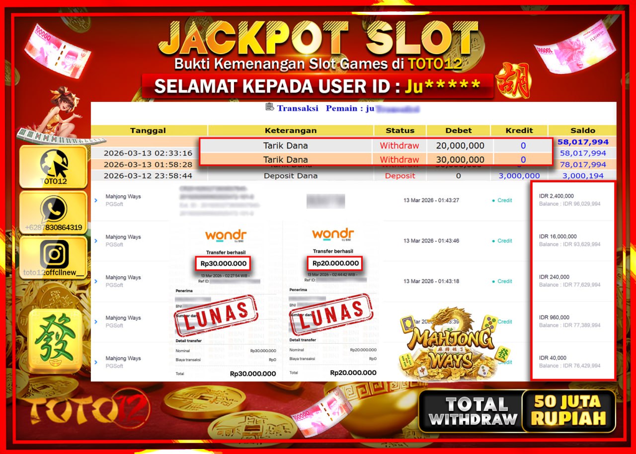 HANYA DI TOTO12 JP PASTI DI BAYAR LUNAS DAN CEPAT!!!!!! JACKPOT SLOT GAME (MAHJONG WAYS) Rp.50.000.000!!!!