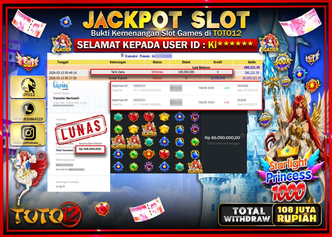 HANYA DI TOTO12 JP PASTI DI BAYAR LUNAS DAN CEPAT!!!!!! JACKPOT SLOT GAME (STARLIGHT PRINCESS 1000) Rp.108.000.000!!!!