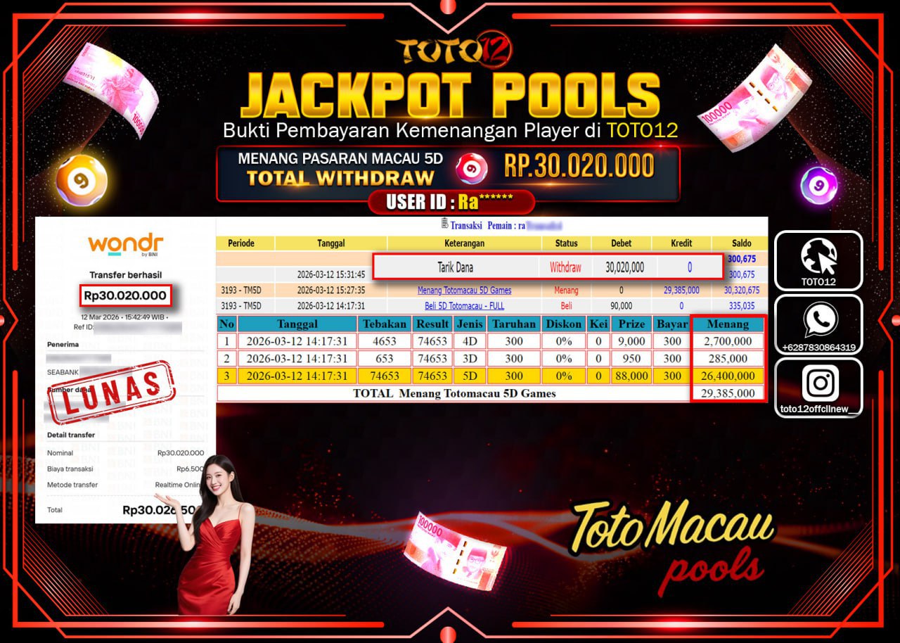 HANYA DI TOTO12 JP PASTI DI BAYAR LUNAS DAN CEPAT!!!!!! JACKPOT POOLS PASARAN (MACAU 4D) Rp.30.020.000!!!!