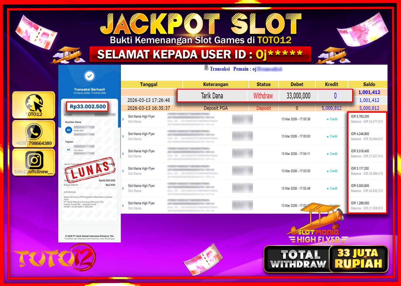 HANYA DI TOTO12 JP PASTI DI BAYAR LUNAS DAN CEPAT!!!!!! JACKPOT SLOT GAME (HIGH FLAYER) Rp.33.000.000!!!!