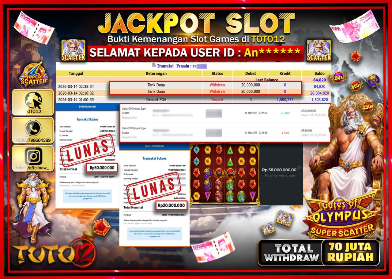 HANYA DI TOTO12 JP PASTI DI BAYAR LUNAS DAN CEPAT!!!!!! JACKPOT SLOT GAME (GATES OF OLYMPUS SUPER SCATERR) Rp.70.000.000!!!!