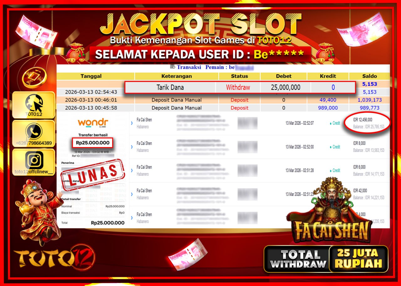 HANYA DI TOTO12 JP PASTI DI BAYAR LUNAS DAN CEPAT!!!!!! JACKPOT SLOT GAME (FA CAI SHEN) Rp.25.000.000!!!!