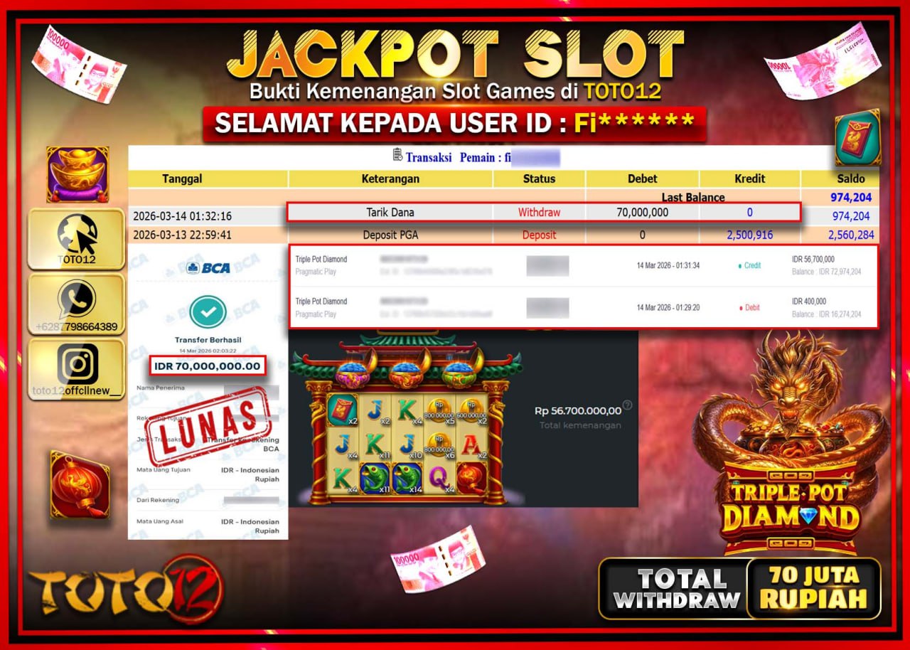 HANYA DI TOTO12 JP PASTI DI BAYAR LUNAS DAN CEPAT!!!!!! JACKPOT SLOT GAME (TRIPLE POT DIAMOND) Rp.70.000.000!!!!