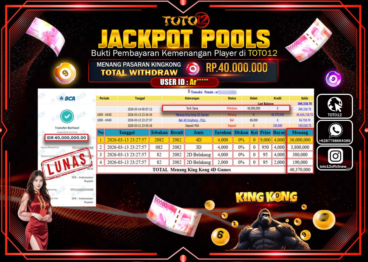 HANYA DI TOTO12 JP PASTI DI BAYAR LUNAS DAN CEPAT!!!!!! JACKPOT POOLS PASARAN (KINGKONG 4D) Rp.40.000.000!!!!