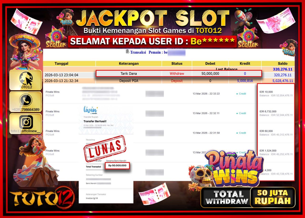 HANYA DI TOTO12 JP PASTI DI BAYAR LUNAS DAN CEPAT!!!!!! JACKPOT SLOT GAME (PINATA WINS) Rp.50.000.000!!!!