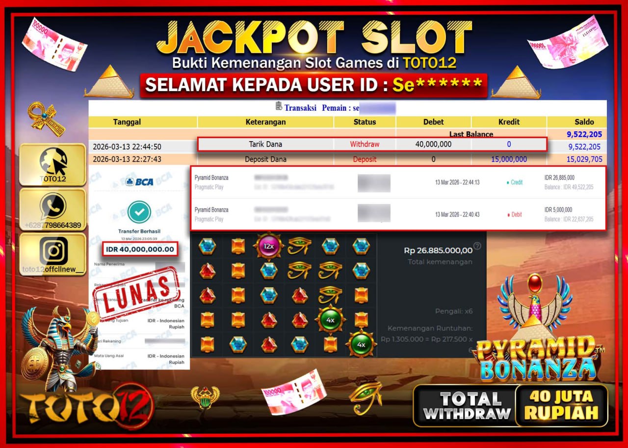 HANYA DI TOTO12 JP PASTI DI BAYAR LUNAS DAN CEPAT!!!!!! JACKPOT SLOT GAME (PYRAMID BONANZA) Rp.40.000.000!!!!