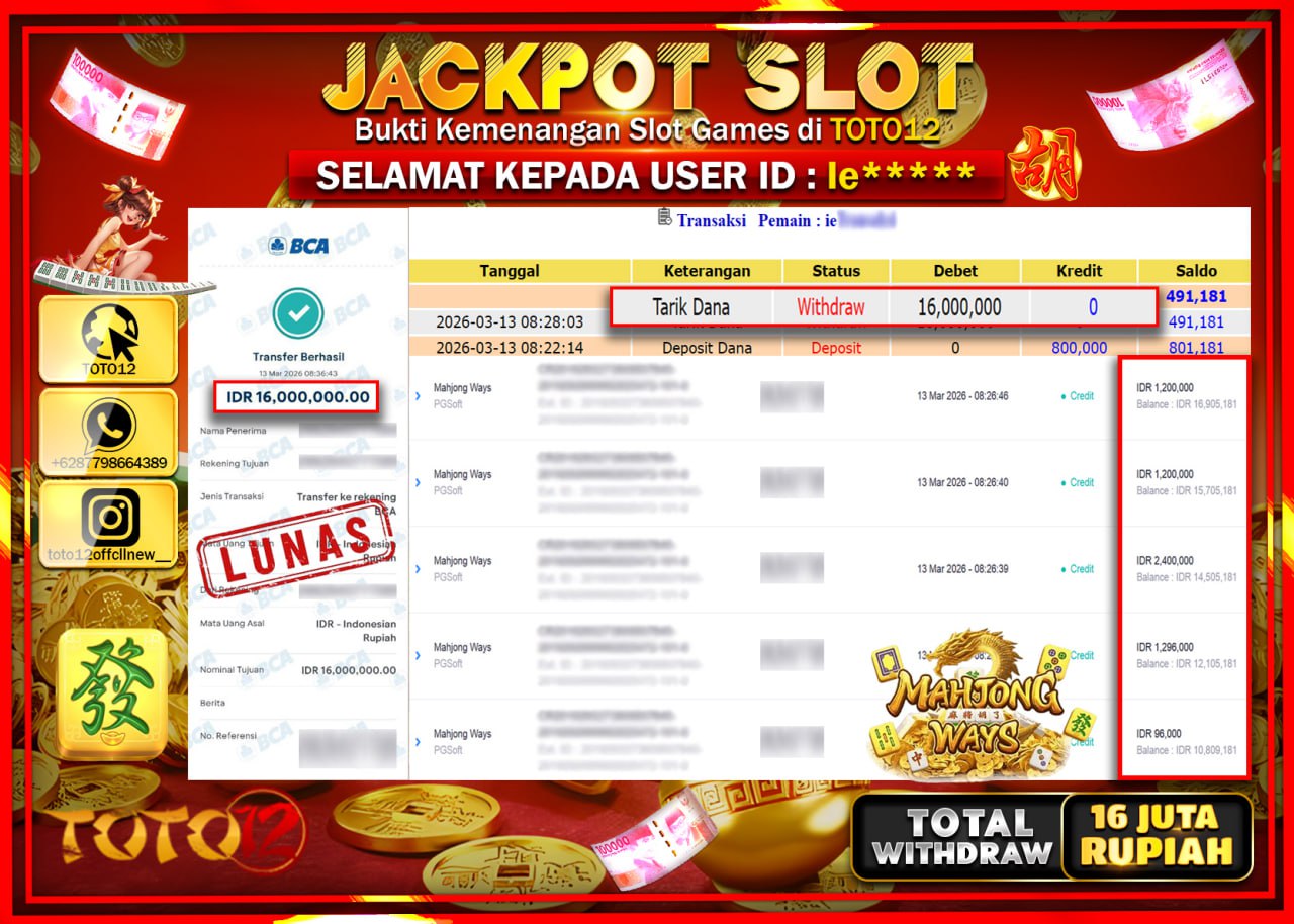 HANYA DI TOTO12 JP PASTI DI BAYAR LUNAS DAN CEPAT!!!!!! JACKPOT SLOT GAME (MAHJONG WAYS) Rp.16.000.000!!!!