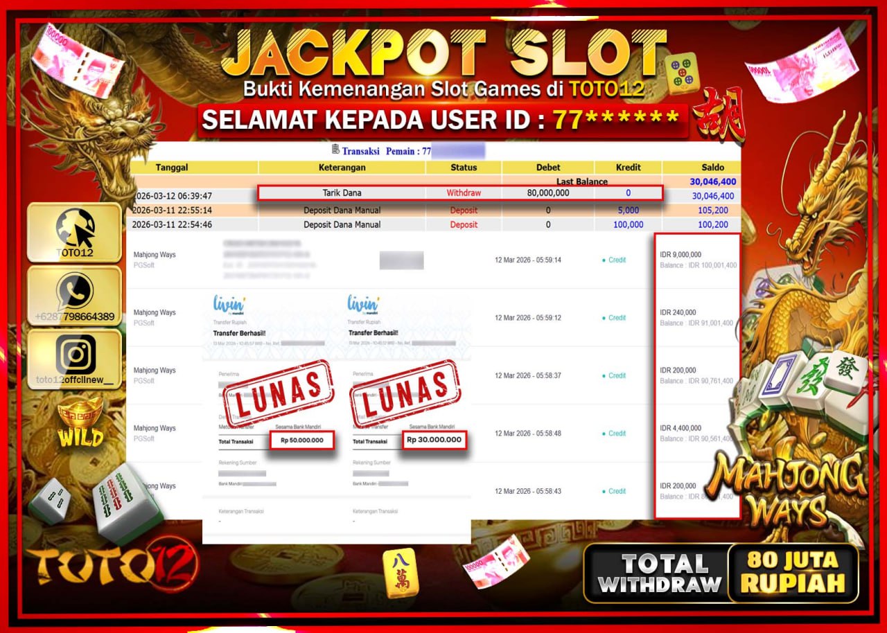 HANYA DI TOTO12 JP PASTI DI BAYAR LUNAS DAN CEPAT!!!!!! JACKPOT SLOT GAME (MAHJONG WAYS) Rp.80.000.000!!!!