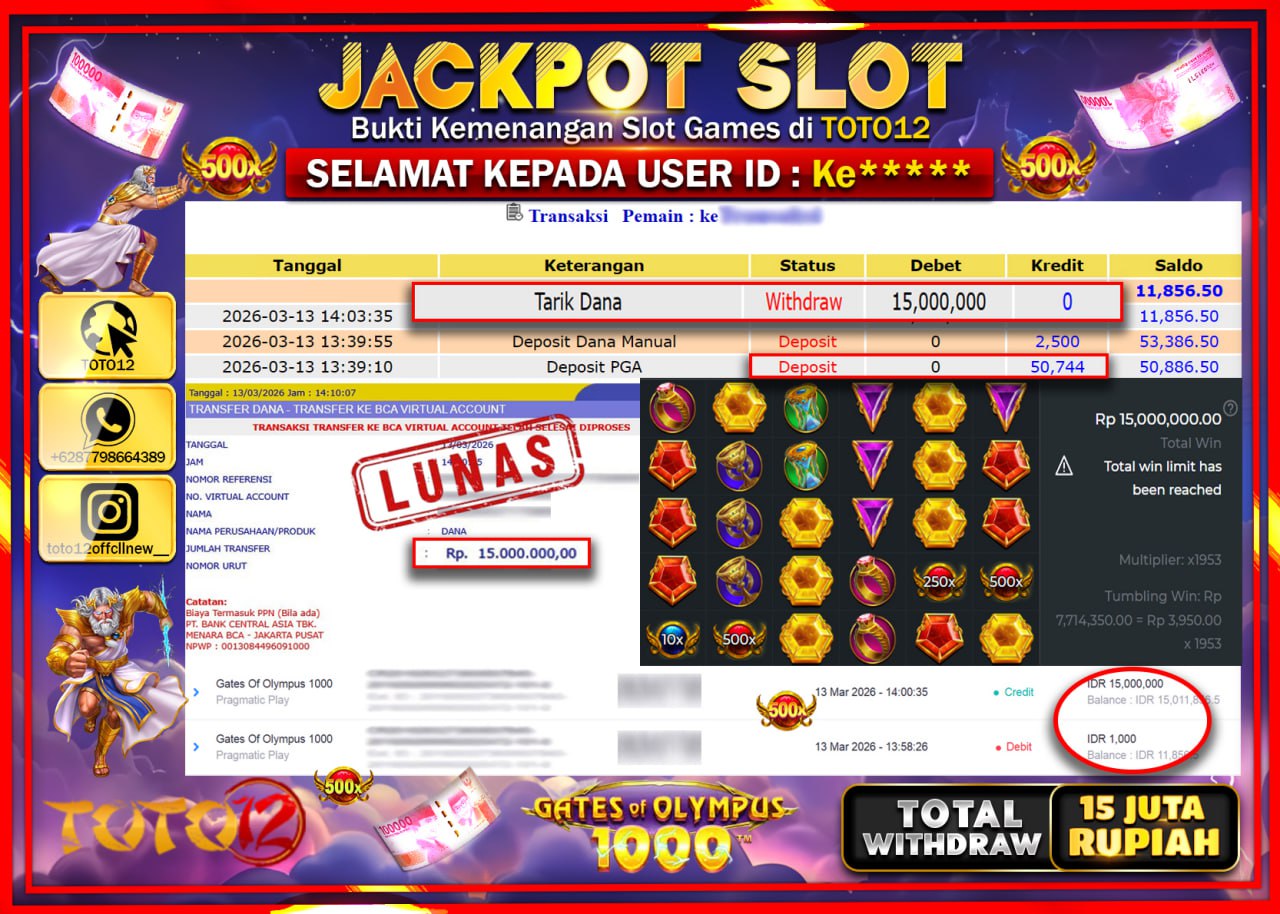 HANYA DI TOTO12 JP PASTI DI BAYAR LUNAS DAN CEPAT!!!!!! JACKPOT SLOT GAME (GATES OF OLYMPUS 1000) Rp.15.000.000!!!!