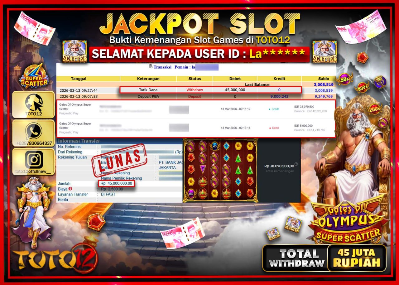 HANYA DI TOTO12 JP PASTI DI BAYAR LUNAS DAN CEPAT!!!!!! JACKPOT SLOT GAME (GATES OF OLYMPUS SUPER SCATTER) Rp.45.000.000!!!!