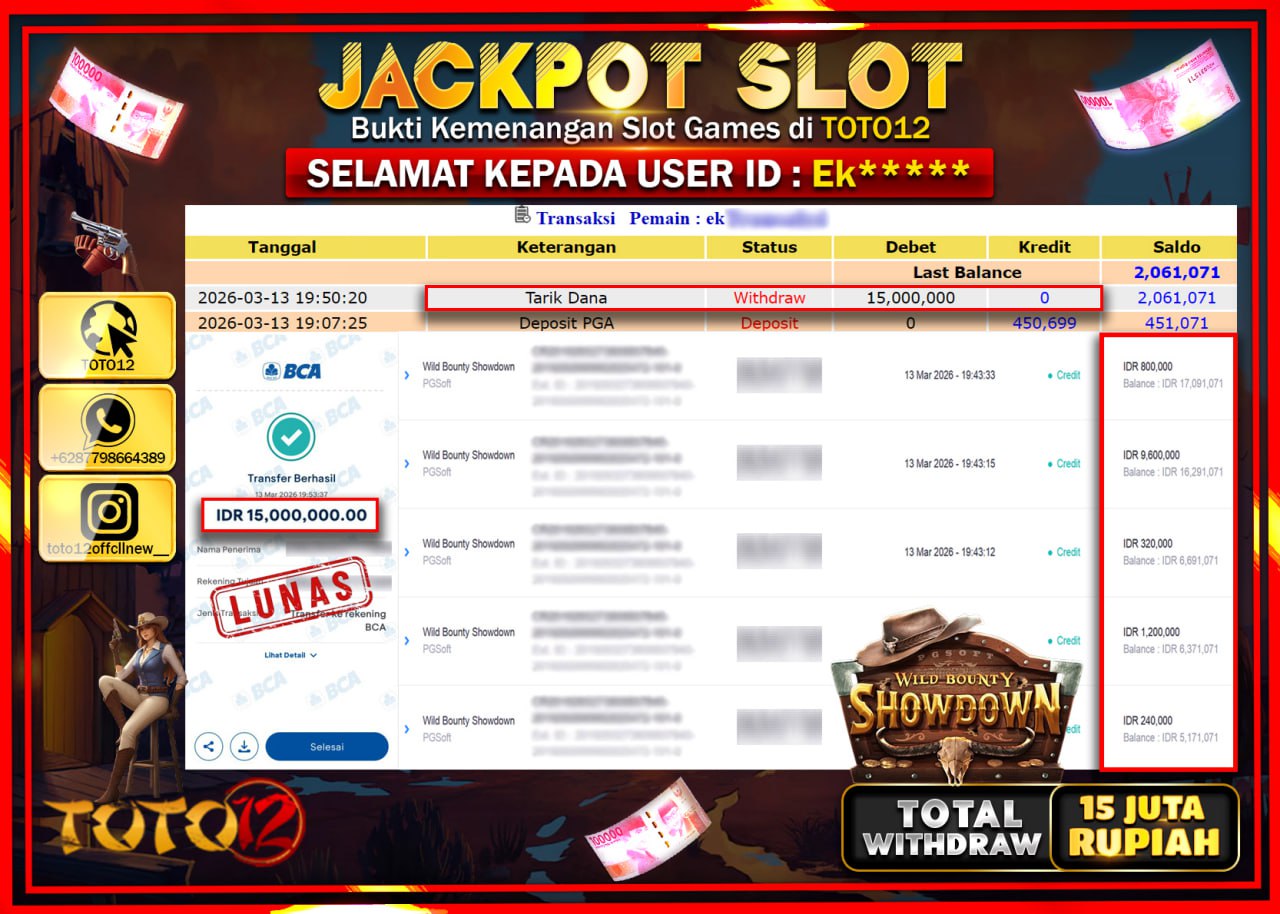 HANYA DI TOTO12 JP PASTI DI BAYAR LUNAS DAN CEPAT!!!!!! JACKPOT SLOT GAME (WILD BOUNTY SHOWDOWN) Rp.15.000.000!!!!