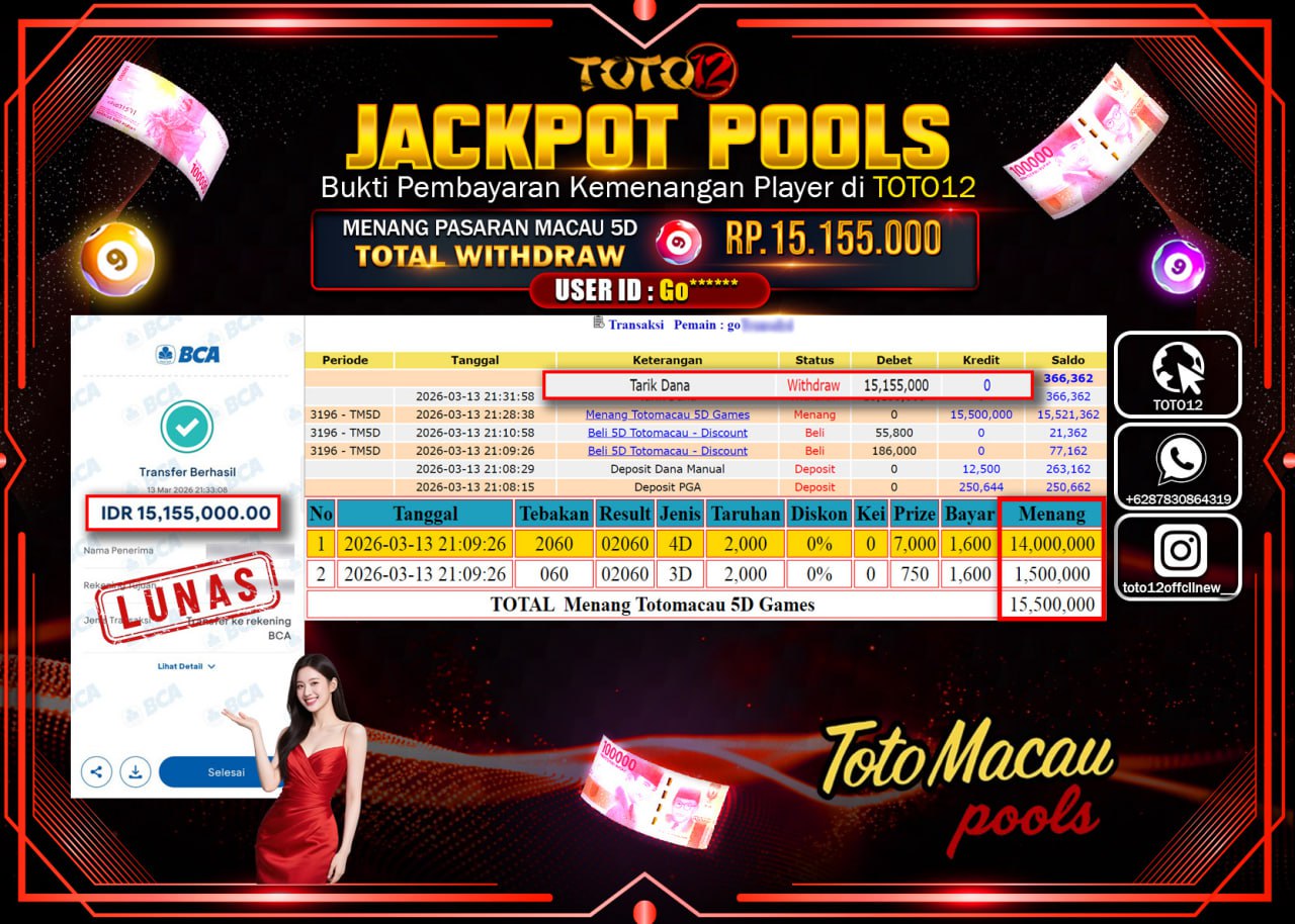HANYA DI TOTO12 JP PASTI DI BAYAR LUNAS DAN CEPAT!!!!!! JACKPOT POOLS PASARAN (MACAU 5D) Rp.15.155.000!!!!