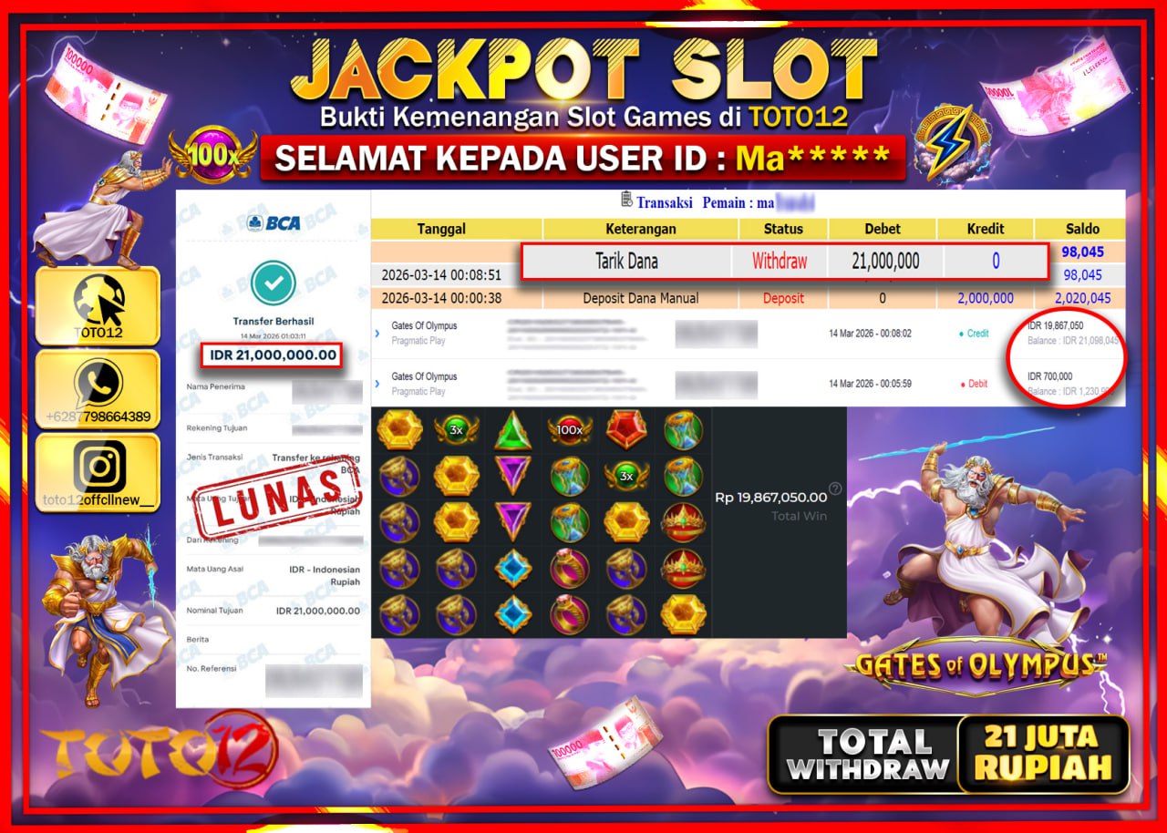 HANYA DI TOTO12 JP PASTI DI BAYAR LUNAS DAN CEPAT!!!!!! JACKPOT SLOT GAME (GATES OF OLYMPUS) Rp.21.000.000!!!!
