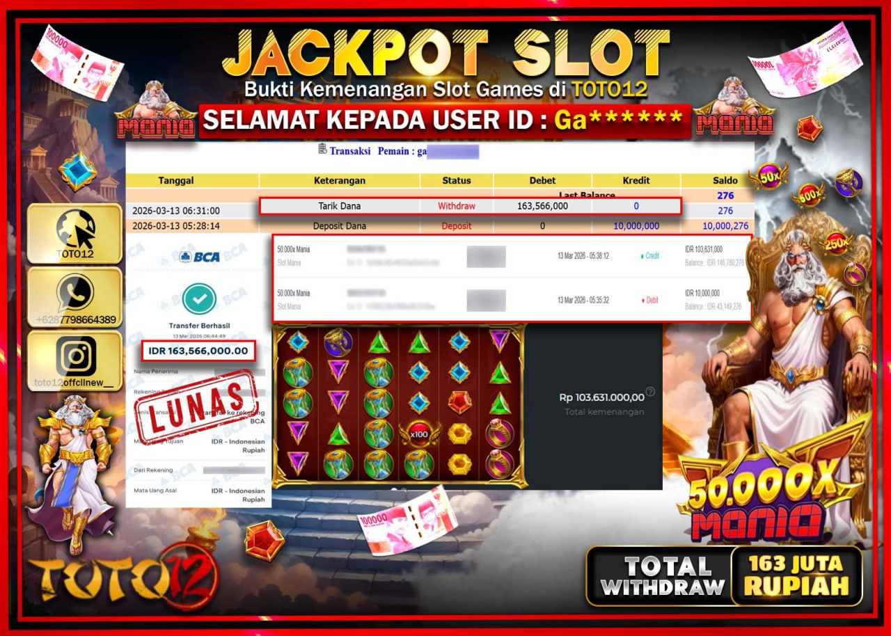 HANYA DI TOTO12 JP PASTI DI BAYAR LUNAS DAN CEPAT!!!!!! JACKPOT SLOT GAME (50.000X MANIA) Rp.163.566.000!!!!