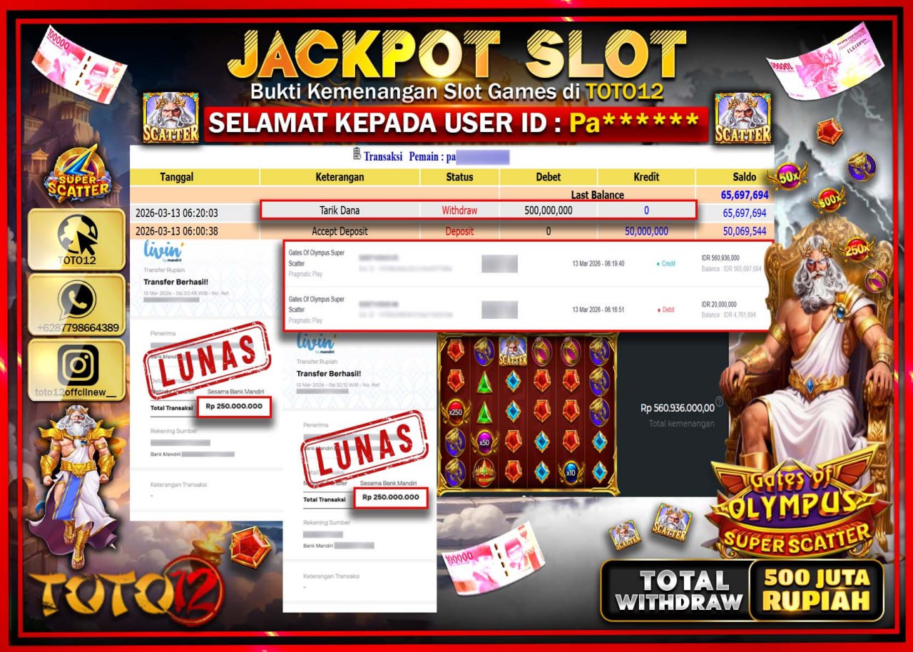 HANYA DI TOTO12 JP PASTI DI BAYAR LUNAS DAN CEPAT!!!!!! JACKPOT SLOT GAME (GATES OF OLYMPUS SUPER SCATTER) Rp.500.000.000!!!!