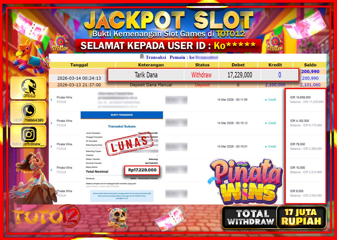 HANYA DI TOTO12 JP PASTI DI BAYAR LUNAS DAN CEPAT!!!!!! JACKPOT SLOT GAME (PINATA WINS) Rp.17.229.000!!!!