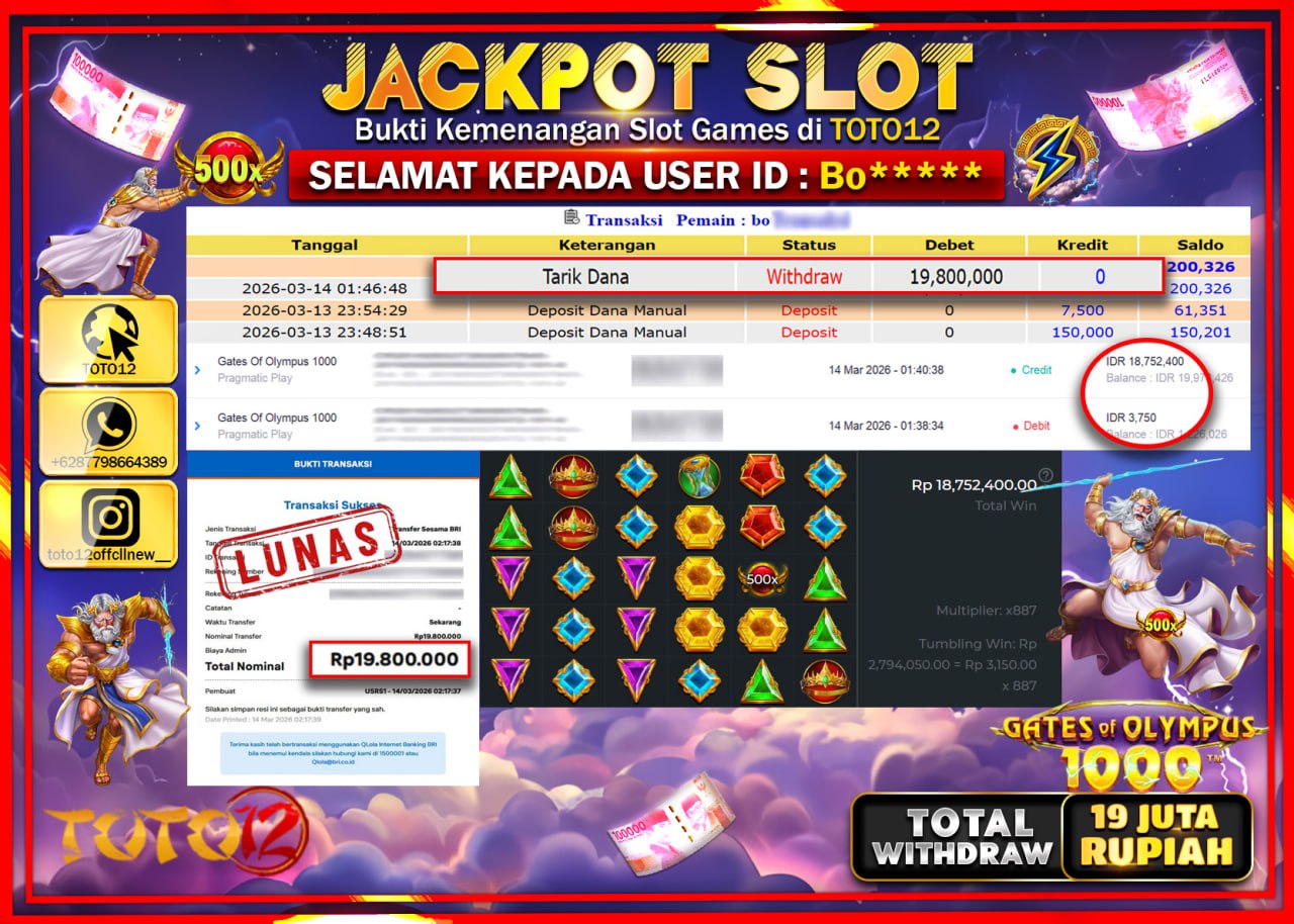 HANYA DI TOTO12 JP PASTI DI BAYAR LUNAS DAN CEPAT!!!!!! JACKPOT SLOT GAME (GATES OF OLYMPUS 1000) Rp.19.800.000!!!!