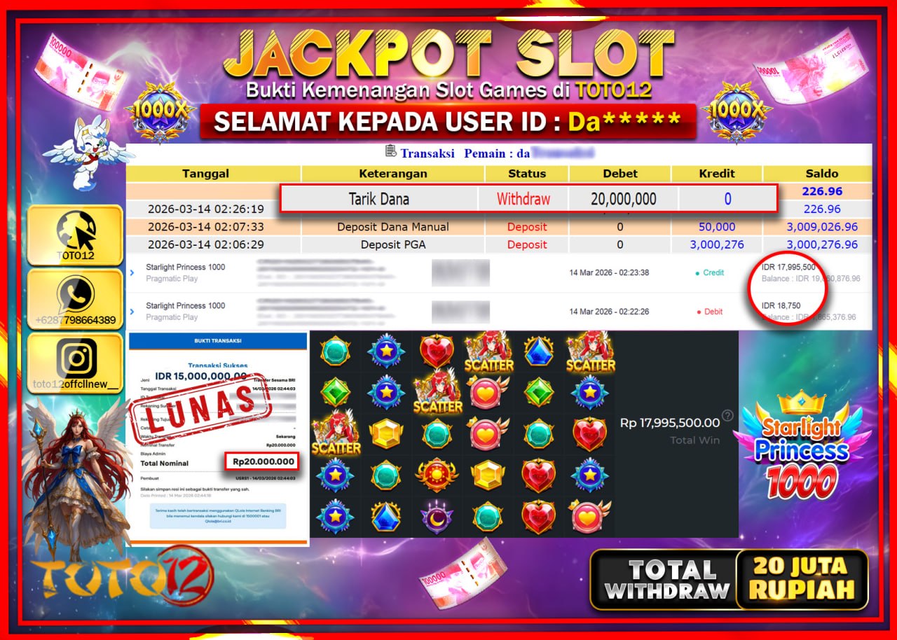 HANYA DI TOTO12 JP PASTI DI BAYAR LUNAS DAN CEPAT!!!!!! JACKPOT SLOT GAME (STARLIGHT PRINCES 1000) Rp.20.000.000!!!!