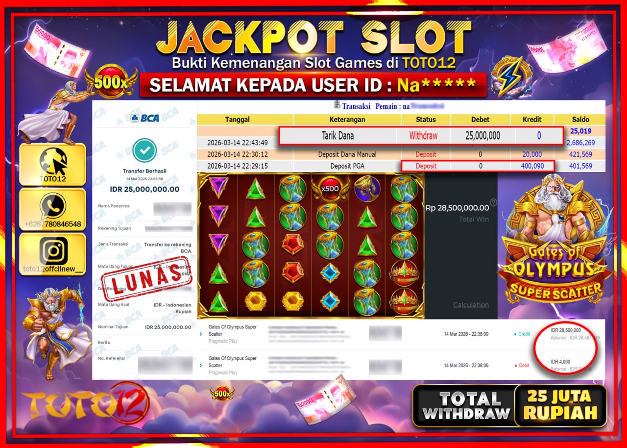 HANYA DI TOTO12 JP PASTI DI BAYAR LUNAS DAN CEPAT!!!!!! JACKPOT SLOT GAME (GATES OF OLYMPUS SUPER SCATTER) Rp.25.000.000!!!!