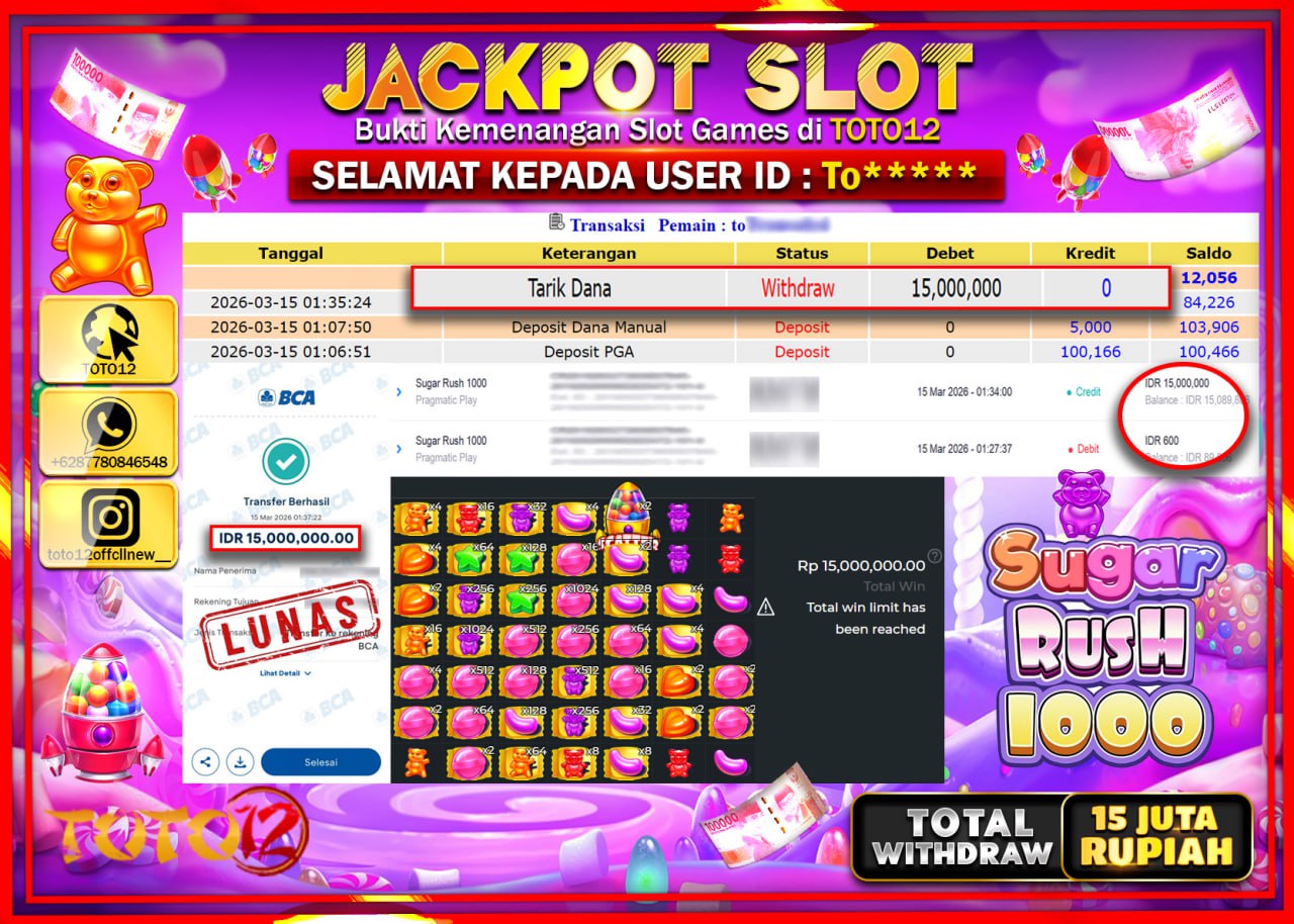 HANYA DI TOTO12 JP PASTI DI BAYAR LUNAS DAN CEPAT!!!!!! JACKPOT SLOT GAME (SUGAR RUSH 100) Rp.15.000.000!!!!