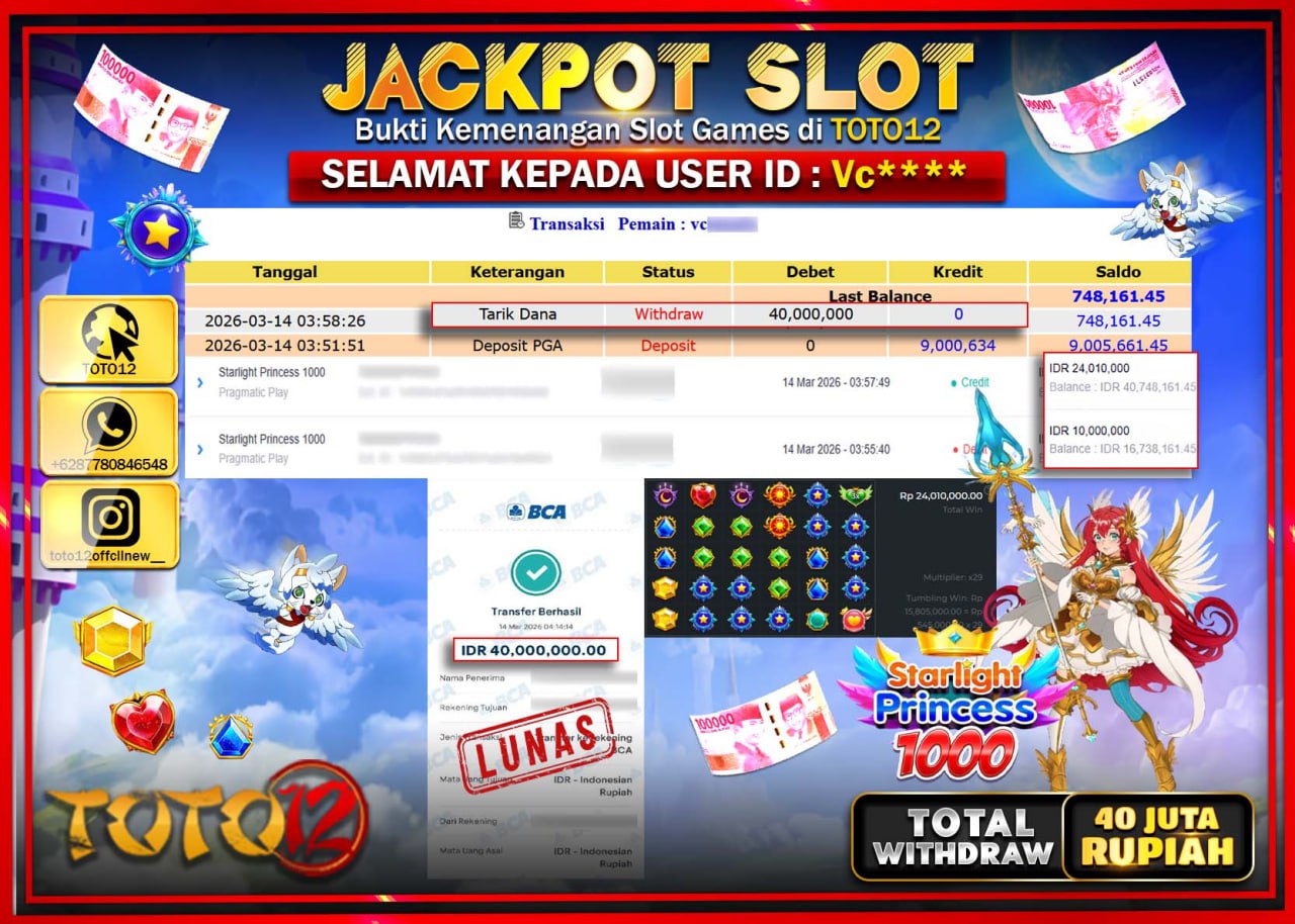 HANYA DI TOTO12 JP PASTI DI BAYAR LUNAS DAN CEPAT!!!!!! JACKPOT SLOT GAME (STARLIGHT PRINCESS 100) Rp.40.000.000!!!!