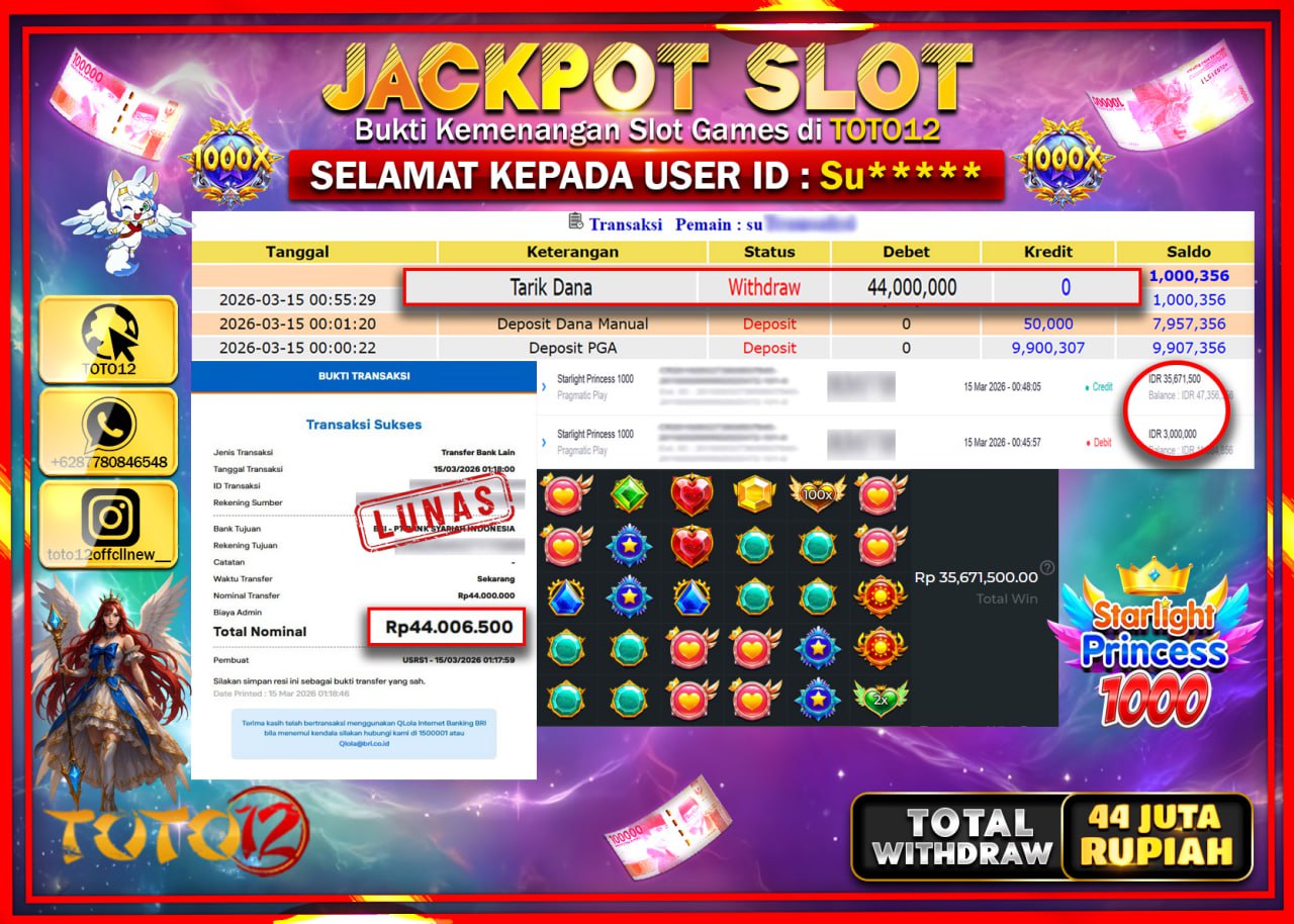 HANYA DI TOTO12 JP PASTI DI BAYAR LUNAS DAN CEPAT!!!!!! JACKPOT SLOT GAME (STRALIGHT PRINCESS 1000) Rp.44.00.000!!!!