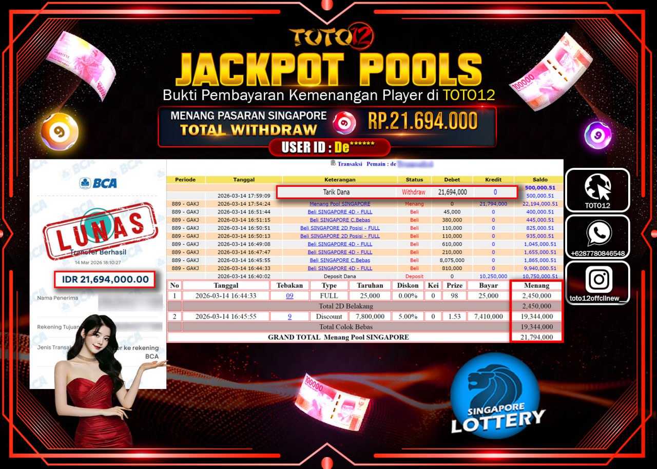 HANYA DI TOTO12 JP PASTI DI BAYAR LUNAS DAN CEPAT!!!!!! JACKPOT POOLS PASARAN (SINGAPORE) Rp.21.694.000!!!!