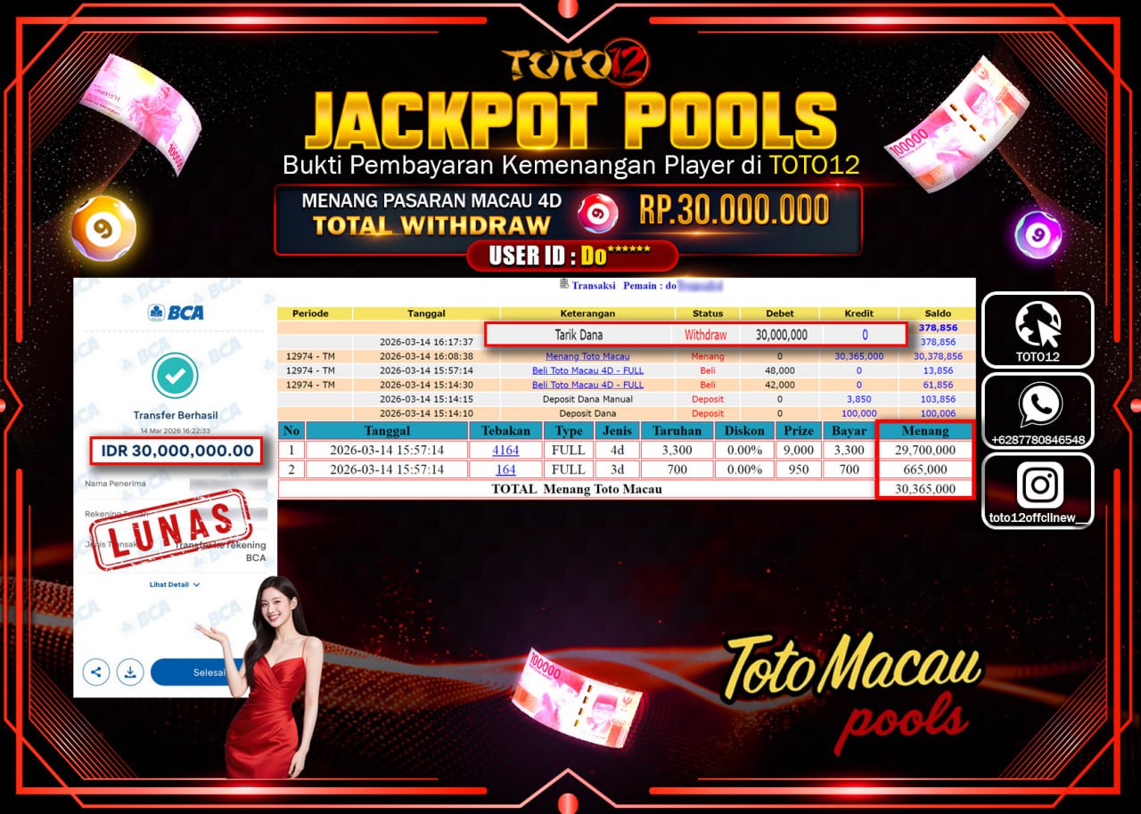 HANYA DI TOTO12 JP PASTI DI BAYAR LUNAS DAN CEPAT!!!!!! JACKPOT POOLS PASARAN (MACAU 4D) Rp.30.000.000!!!!