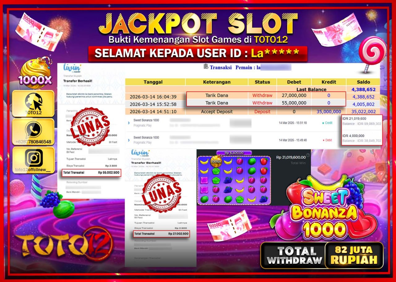 HANYA DI TOTO12 JP PASTI DI BAYAR LUNAS DAN CEPAT!!!!!! JACKPOT SLOT GAME (SWEET BONANZA 1000) Rp.82.000.000!!!!